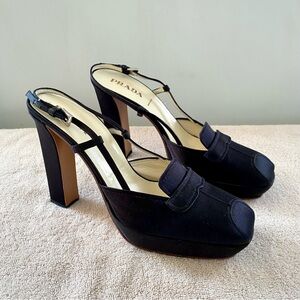 Prada Vintage Platform Slingback Heels Black Satin Square Toe Pumps US 9 EUR 39
